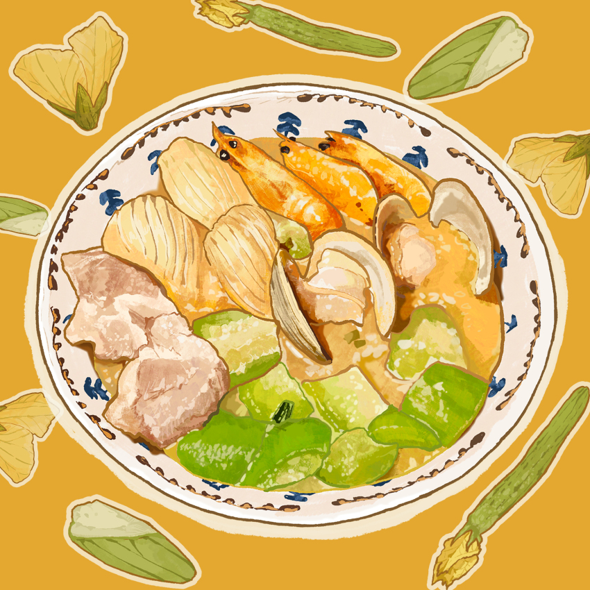 bowl bukepan_menpou food food_focus highres no_humans orange_background original oyster scallop shrimp soup vegetable