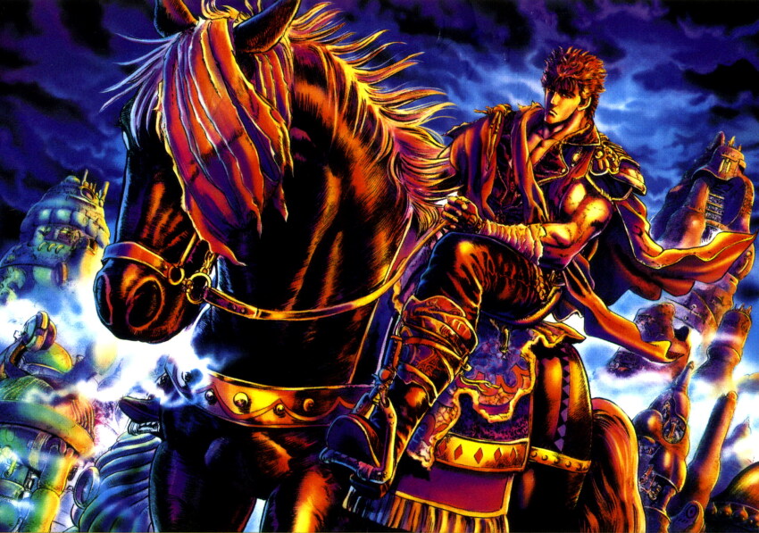 1boy bandages black_hair black_horse boots cloud cloudy_sky denim gloves hara_tetsuo highres hokuto_no_ken horse jacket jeans kenshiro kokuoh_(hokuto_no_ken) male_focus muscular muscular_male official_art pants riding single_shoulder_pad sky