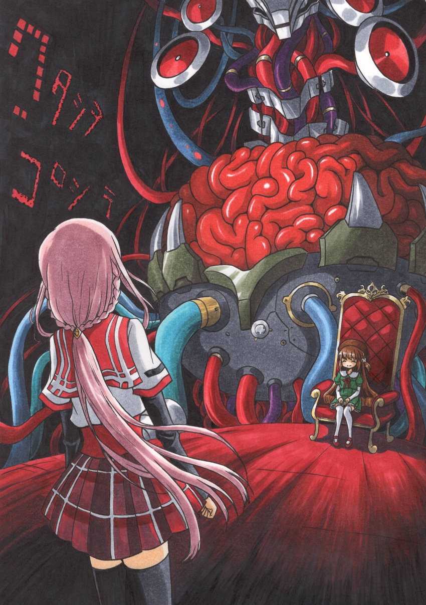 absurdres ajikeneko azure_striker_gunvolt beret black_thighhighs braid brain brown_hair chair gunvolt_chronicles_luminous_avenger_ix hat highres joule_(gunvolt) kamihama_university_affiliated_school_uniform long_hair magia_record:_mahou_shoujo_madoka_magica_gaiden mahou_shoujo_madoka_magica pink_hair satomi_touka school_uniform sitting smile st._liliana&#039;s_academy_school_uniform tamaki_iroha tamaki_ui thighhighs traditional_media white_thighhighs