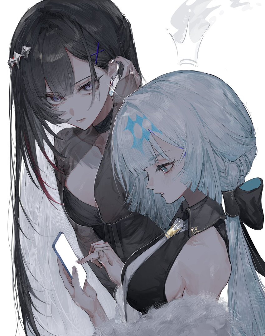 2girls alternate_costume backlighting bare_shoulders black_bridal_gauntlets black_choker black_hair black_shirt black_shrug blue_eyes blue_hair breasts bridal_gauntlets bright_pupils cellphone cerydra_(honkai:_star_rail) choker closed_mouth collared_shirt colored_inner_hair crown diamond_hair_ornament earrings fire floating_crown fur_shawl hair_behind_ear hair_ornament hair_tubes hand_up hands_up height_difference highres holding holding_phone honkai:_star_rail honkai_(series) hysilens_(honkai:_star_rail) jewelry long_hair looking_at_phone looking_down low_ponytail medium_breasts multicolored_hair multiple_girls necktie patterned_hair pearl_earrings phone pointed_crown ponytail profile purple_eyes see-through_clothes see-through_shrug serious shawl shirt shrug_(clothing) sideboob simple_background sleeveless sleeveless_shirt smartphone sparkle straight_hair sunset_1830 tsurime tucking_hair upturned_eyes very_long_hair white_background white_hair white_necktie white_pupils white_shawl wing_collar x_hair_ornament