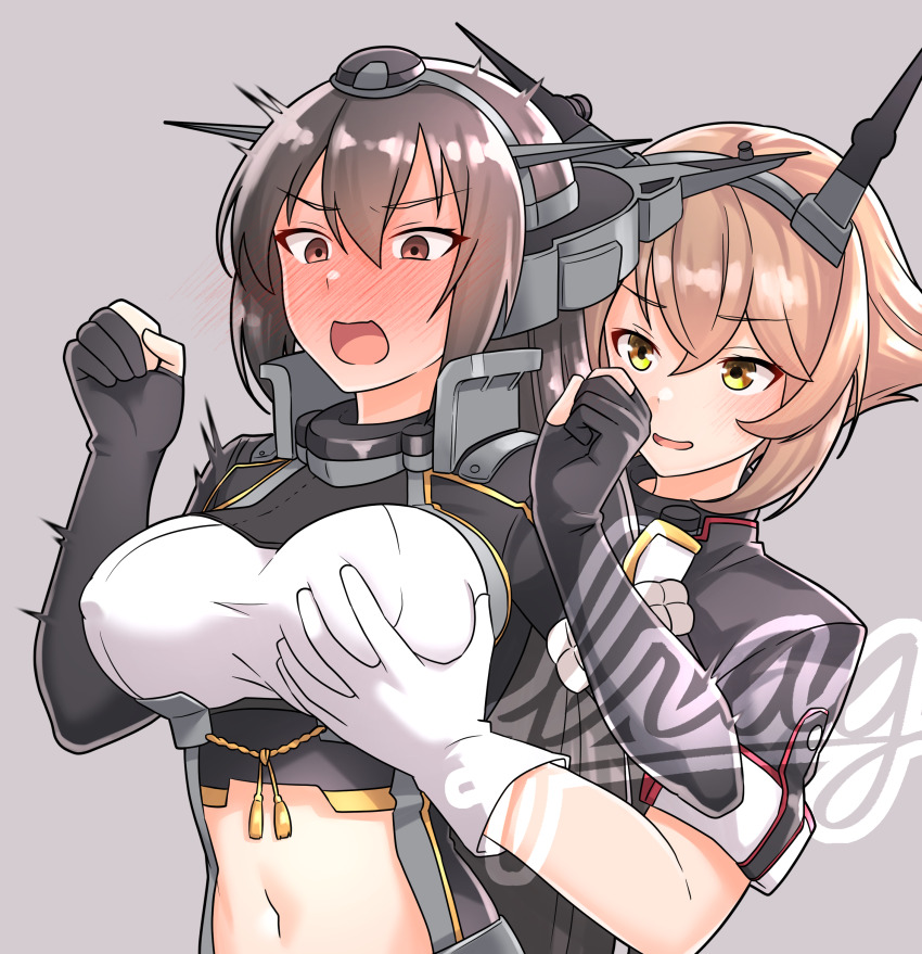 2girls absurdres black_capelet black_gloves black_hair breasts brown_hair capelet elbow_gloves flipped_hair furaggu_(frag_0416) gloves grabbing_another&#039;s_breast grabbing_from_behind green_eyes grey_background groping hair_between_eyes headgear highres kantai_collection large_breasts long_coat long_hair metal_belt midriff multiple_girls mutsu_(kancolle) mutsu_kai_ni_(kancolle) nagato_(kancolle) nagato_kai_ni_(kancolle) partially_fingerless_gloves radio_antenna rigging short_hair smile upper_body white_gloves
