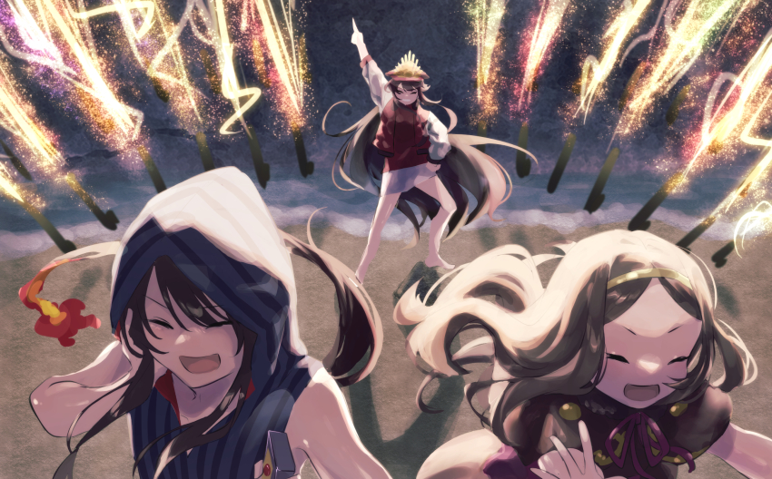 1boy 2girls :d arm_up aunt_and_niece bare_legs barefoot beach black_hair black_hat bow brother_and_sister brown_hair chacha_(fate) closed_eyes fate/grand_order fate_(series) fiery_hair fireworks forehead from_above full_body grin hair_between_eyes hairband hand_on_own_ear hand_on_own_hip hands_up happy hat highres holding hood hood_up hoodie jacket knee_up letterman_jacket long_hair miniskirt mipi multiple_girls night ocean oda_nobukatsu_(fate) oda_nobunaga_(fate) oda_nobunaga_(koha-ace) open_mouth parted_bangs peaked_cap pointing pointing_up red_shirt shirt short_sleeves siblings sidelocks skirt sleeveless sleeveless_hoodie smile striped_clothes striped_hoodie uncle_and_niece v-shaped_eyebrows very_long_hair white_skirt yellow_hairband