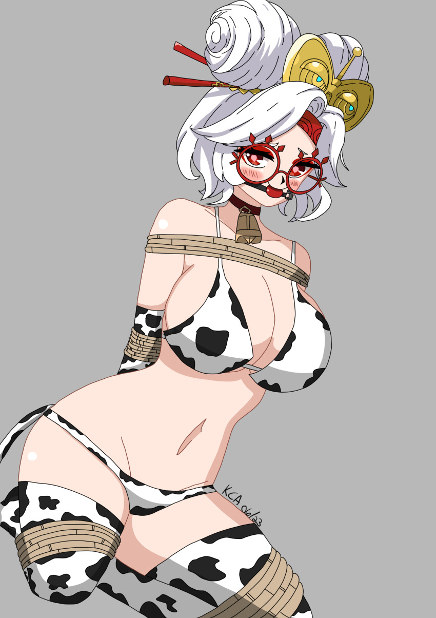 1girl absurdres ball_gag bare_shoulders bdsm bell black_trim blush bondage bound bra breasts brown_rope choker claire_kigu cleavage collarbone cow_print cow_print_bra cow_print_gloves cow_print_panties cow_print_thighhighs cow_tail cowbell double_bun elbow_gloves eyelashes eyeliner eyeshadow fake_tail female_focus gag gagged glasses gloves grey_background hair_bun hair_buns hair_ornament headband heart heart-shaped_pupils highres kneeling large_breasts lips makeup navel neck_bell nintendo o-ring panties parted_bangs pink_lips pink_pupils png_conversion print_gloves print_thighhighs purah red-framed_eyewear red_choker red_eyes red_eyeshadow red_headband rope sheikah shiny_clothes shiny_skin short_hair sideboob smile solo symbol-shaped_pupils tagme tail the_legend_of_zelda the_legend_of_zelda:_tears_of_the_kingdom thick_thighs thighhighs thighs underwear white_bra white_gloves white_hair white_panties white_thighhighs wide_hips