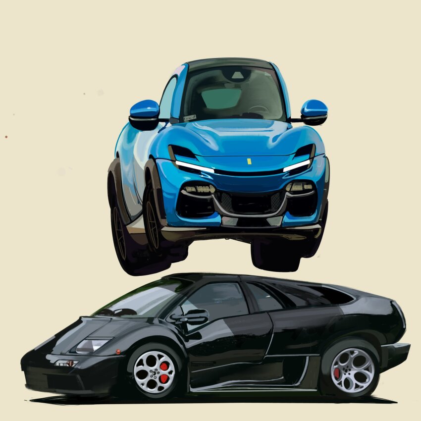alt_text black_car blue_car brown_background car chibi commentary english_commentary ferrari ferrari_purosangue highres lamborghini lamborghini_diablo motor_vehicle original shadow simple_background sports_car vehicle_focus will_pierce