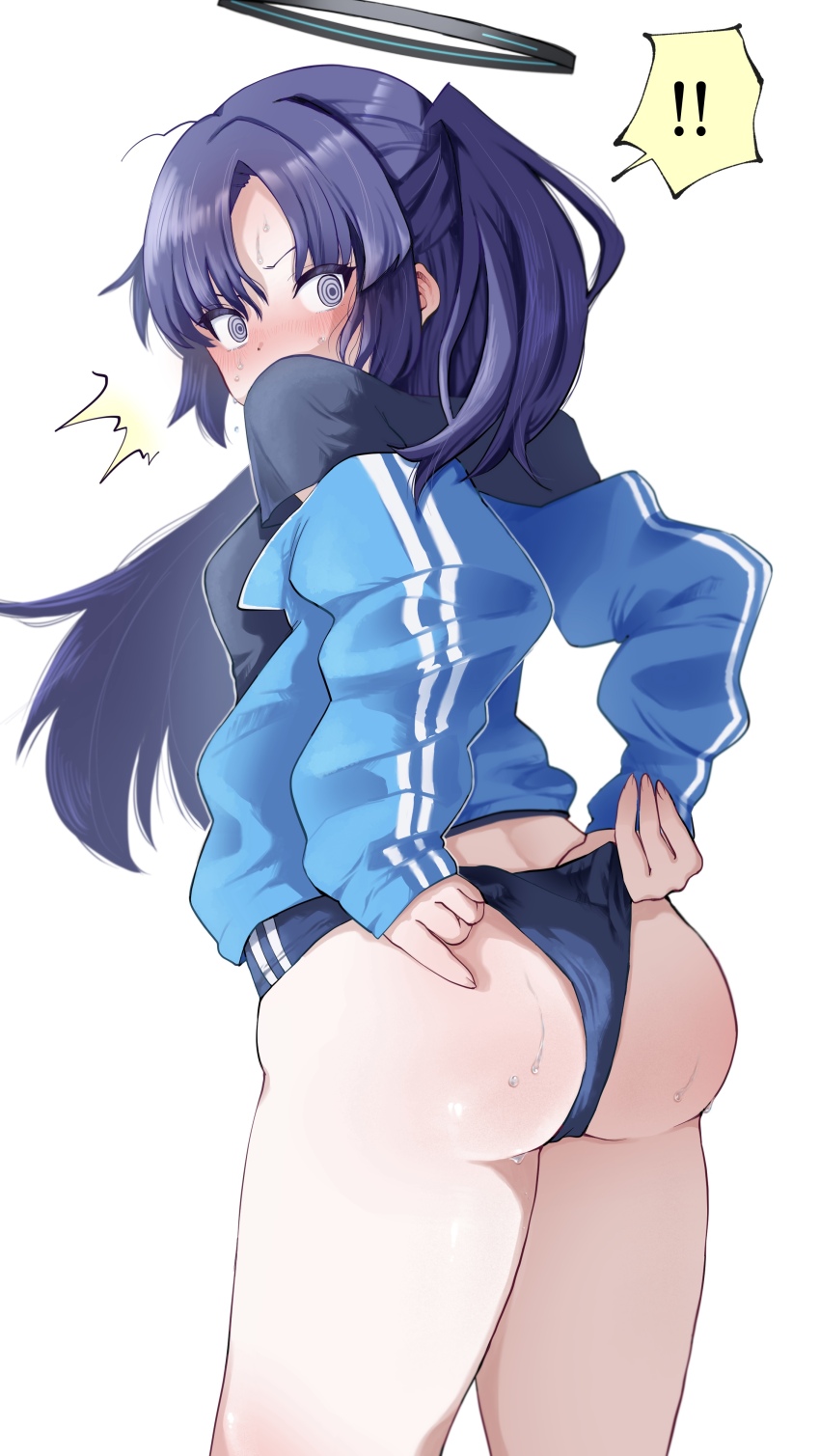1girl absurdres adjusting_buruma adjusting_clothes ass black_halo black_shirt blue_archive blue_jacket buruma gym_shirt gym_uniform halo highres jacket mechanical_halo official_alternate_costume shirt solo someji_(user_hjsc553) track_jacket yuuka_(blue_archive) yuuka_(track)_(blue_archive)