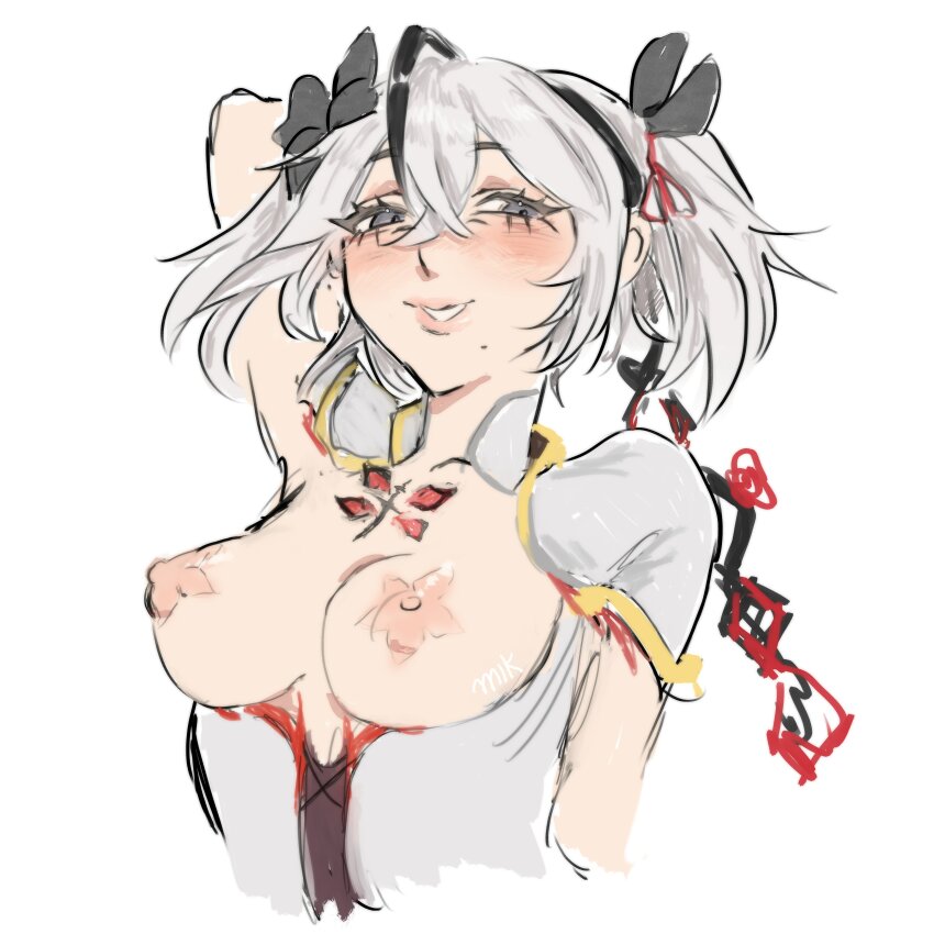 1girl 5mikchu absurdres blush camellya_(wuthering_waves) grey_hair hair_ornament highres lock star-shaped_areolae topless_female white_background wuthering_waves