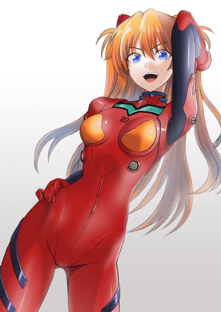 1girl blue_eyes bodysuit breasts brown_hair curvy hair_ornament hand_in_own_hair hand_on_own_hip highres ivuki long_hair mecha_pilot_suit medium_breasts neon_genesis_evangelion open_mouth plugsuit_(evangelion) red_bodysuit shiny_clothes simple_background smile solo souryuu_asuka_langley two_side_up very_long_hair