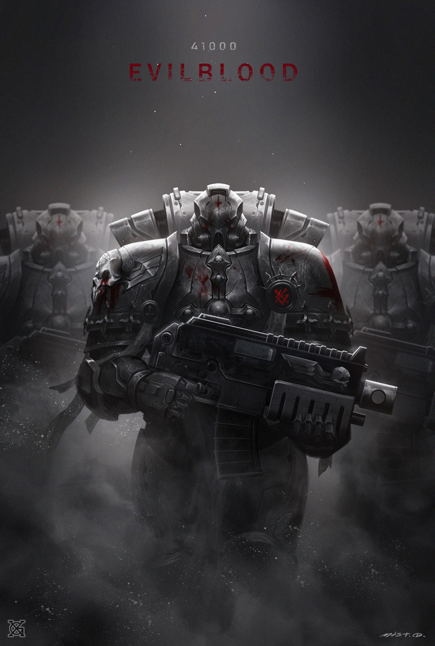 3boys absurdres adeptus_astartes armor bolter gauntlets gun helmet highres holding holding_weapon looking_at_viewer military monochrome multiple_boys pauldrons power_armor shoulder_armor soldier warhammer_40k weapon xiaoguimist