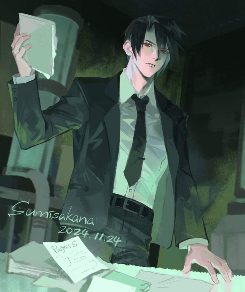 1boy absurdres artist_name belt belt_buckle black_hair black_jacket black_necktie black_pants book buckle closed_mouth collared_shirt commentary cowboy_shot dated final_fantasy final_fantasy_vii formal_clothes hand_up highres holding holding_book indoors jacket long_sleeves looking_at_viewer male_focus necktie open_clothes open_jacket pants paper red_eyes shirt short_hair solo suit sumisakana turks_(ff7) vincent_valentine white_shirt