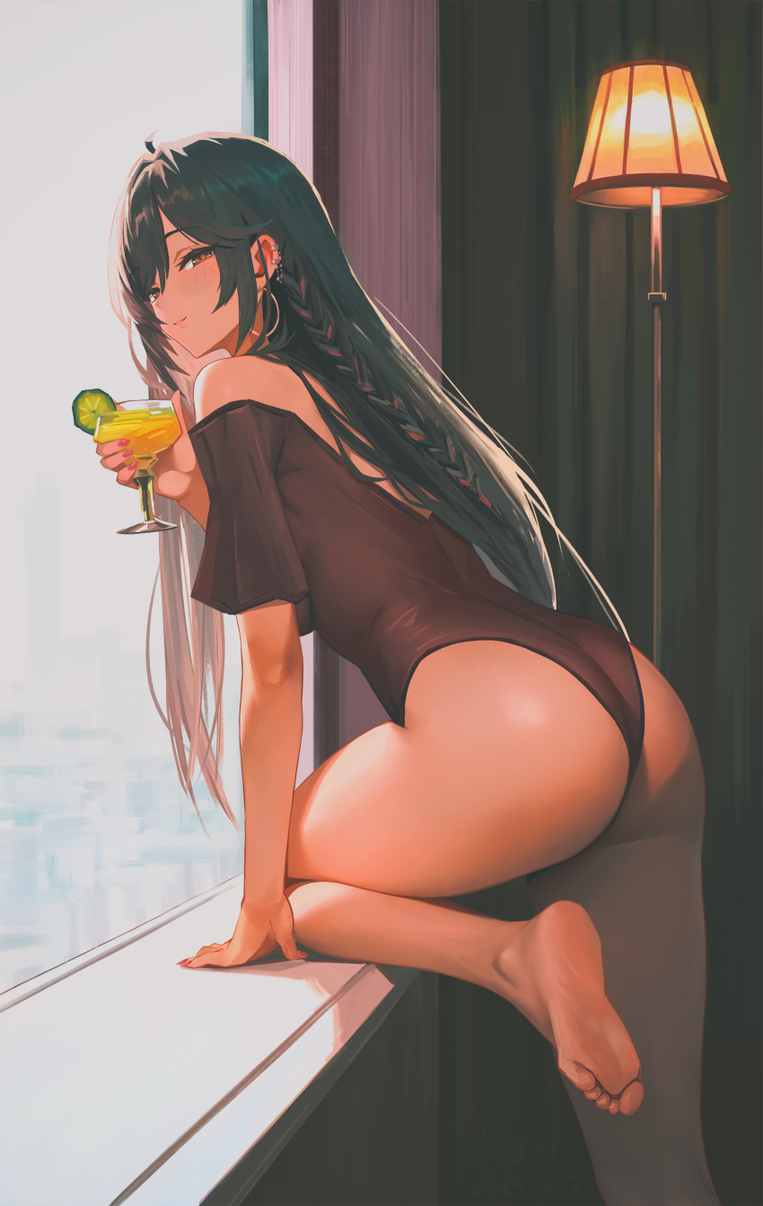 1girl absurdres ahoge arm_support ass bare_legs barefoot black_hair black_one-piece_swimsuit braid brown_eyes casual_one-piece_swimsuit closed_mouth commentary_request commission cup drink ear_piercing earrings feet fingernails floor_lamp food foot_out_of_frame fruit highres holding holding_cup hoop_earrings indoors jewelry lamp lampshade lemon lemon_slice light_blush long_fingernails long_hair looking_at_viewer nail_polish one-piece_swimsuit original parted_bangs piercing pixiv_commission qingli_ye red_nails side_braid smile soles solo swimsuit toes very_long_hair window