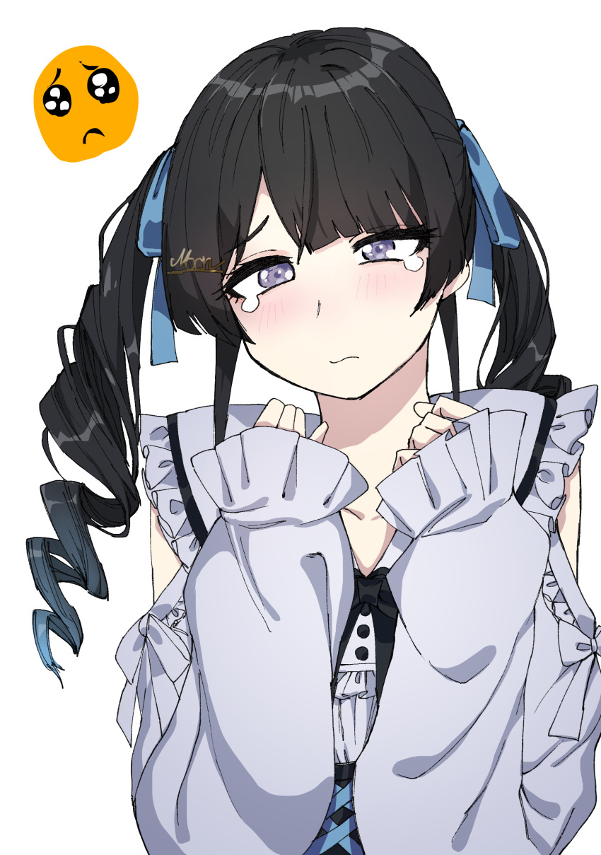 1girl absurdres black_bow black_bowtie black_hair blue_ribbon blush bow bowtie clothing_cutout collar drill_hair emoji frilled_collar frilled_shirt frills hair_ornament hair_ribbon highres jirai_kei looking_at_viewer namida nijisanji pleading_face_emoji purple_eyes ribbon shirt shoulder_cutout sleeves_past_wrists tearing_up tsukino_mito tsukino_mito_(jirai_kei) tsuukon_(tukonn) twin_drills upper_body virtual_youtuber white_background