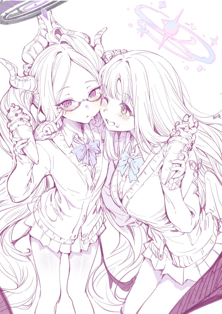 2girls alternate_costume blue_archive blue_bow blue_bowtie bow bowtie cardigan cheek-to-cheek closed_mouth collared_shirt food food_on_face glasses grin halo heads_together highres hina_(blue_archive) horns ice_cream long_hair looking_at_another mika_(blue_archive) miniskirt multiple_girls multiple_horns parted_bangs pleated_skirt purple_eyes school_uniform semi-rimless_eyewear shirt skirt smile spot_color very_long_hair wings yellow_eyes youguo_naberu