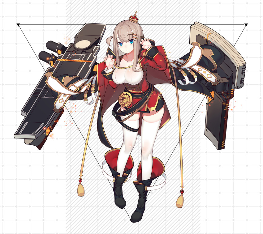 1girl blue_eyes boots braid breasts crown female_focus graphite_(medium) hair_ornament hairclip highres impero_(warship_girls_r) jacket large_breasts long_sleeves machinery military_jacket mini_crown platinum_blonde_hair rain_lan red_jacket side_braid solo thighhighs traditional_media warship_girls_r white_thighhighs