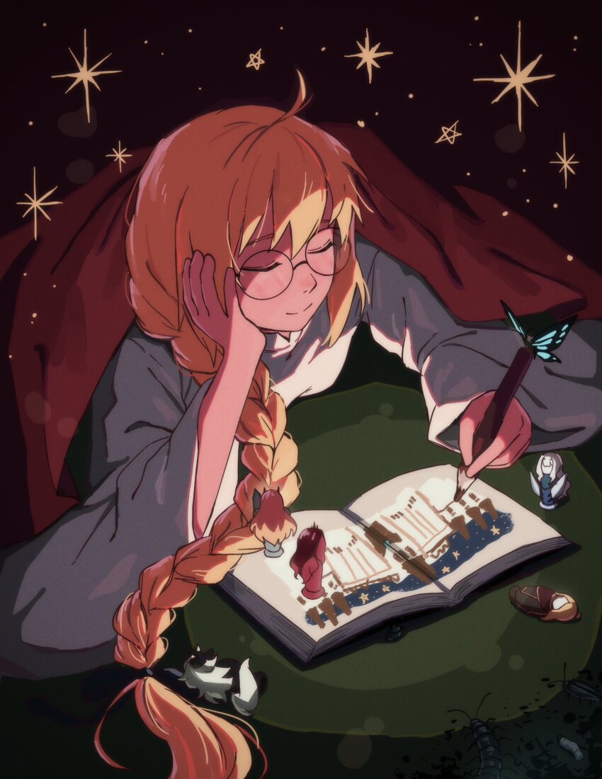 1girl aesc_(fate) aesc_(rain_witch)_(fate) ahoge alternate_costume baobhan_sith_(fate) barghest_(fate) blonde_hair blue_butterfly book braid bug butterfly closed_eyes closed_mouth crayon drawing_(object) fate/grand_order fate_(series) figure glasses hair_between_eyes hair_over_shoulder hand_on_own_head head_rest highres holding holding_crayon hwanm_fate insect long_hair long_sleeves lying melusine_(fate) on_stomach open_book round_eyewear shirt single_braid solo spriggan_(fate) star_(symbol) under_covers when_you_see_it white_shirt wide_sleeves woodwose_(fate)