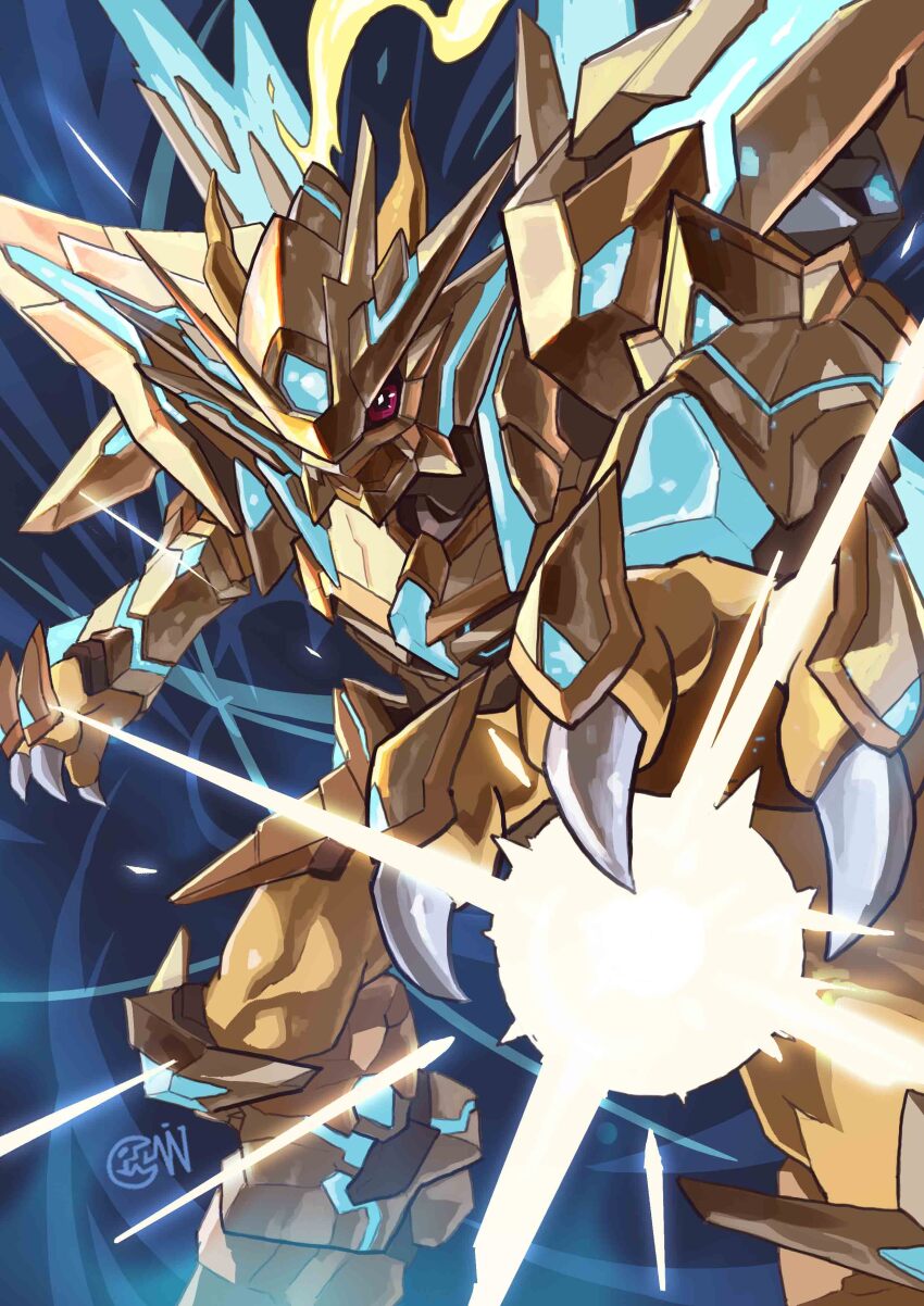 absurdres armor artist_logo claws digimon digimon_(creature) energy highres logo magnamon magnamon_x-antibody magnamon_x-antibody_gold_digizoid_mode muscular muscular_male solo