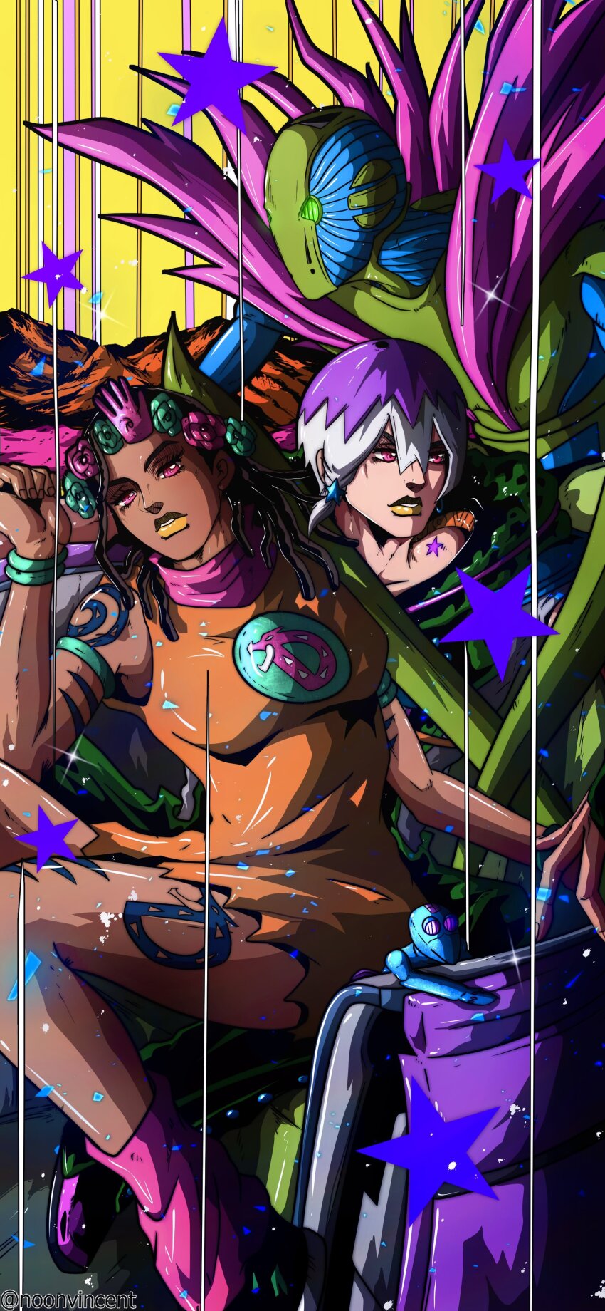 2boys absurdres arm_up birthmark black_hair boots bracelet braid brothers dark_skin dragona_joestar dress flower green_flower hair_flower hair_ornament highres jewelry jodio_joestar joestar_birthmark jojo_no_kimyou_na_bouken male_focus male_with_breasts multicolored_hair multiple_boys noonvincent november_rain_(stand) orange_dress orange_lips purple_hair red_boots red_eyes red_flower siblings single_braid smooth_operators stand_(jojo) star_(symbol) tattoo the_jojolands trap white_hair