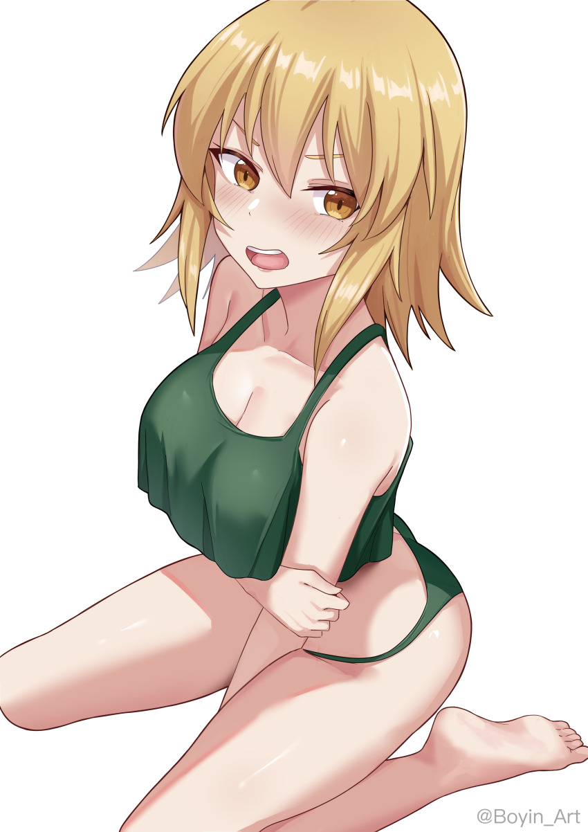 1girl absurdres blonde_hair blush boyin breasts cagalli_yula_athha cleavage crop_top gundam gundam_seed gundam_seed_destiny gundam_seed_freedom highres holding_own_arm kneeling large_breasts looking_at_viewer open_mouth panties short_hair solo underwear underwear_only yellow_eyes