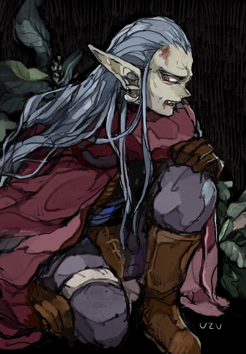 1boy blood blood_on_face blue_hair boots brown_boots brown_gloves chrono_trigger cloak earrings gloves highres jewelry kneeling leaf long_hair magus_(chrono_trigger) pointy_ears purple_cloak rain red_eyes signature single_earring teeth upper_teeth_only uzutanco