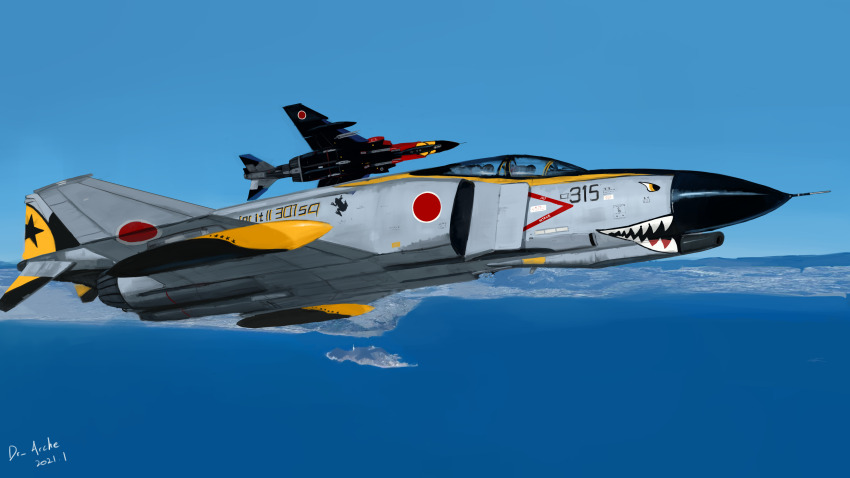 absurdres aircraft airplane dr-arche f-4_phantom_ii fighter_jet flying highres island japan_air_self-defense_force japan_self-defense_force military military_vehicle nose_art original shark_nose_art shark_print sky vehicle_focus