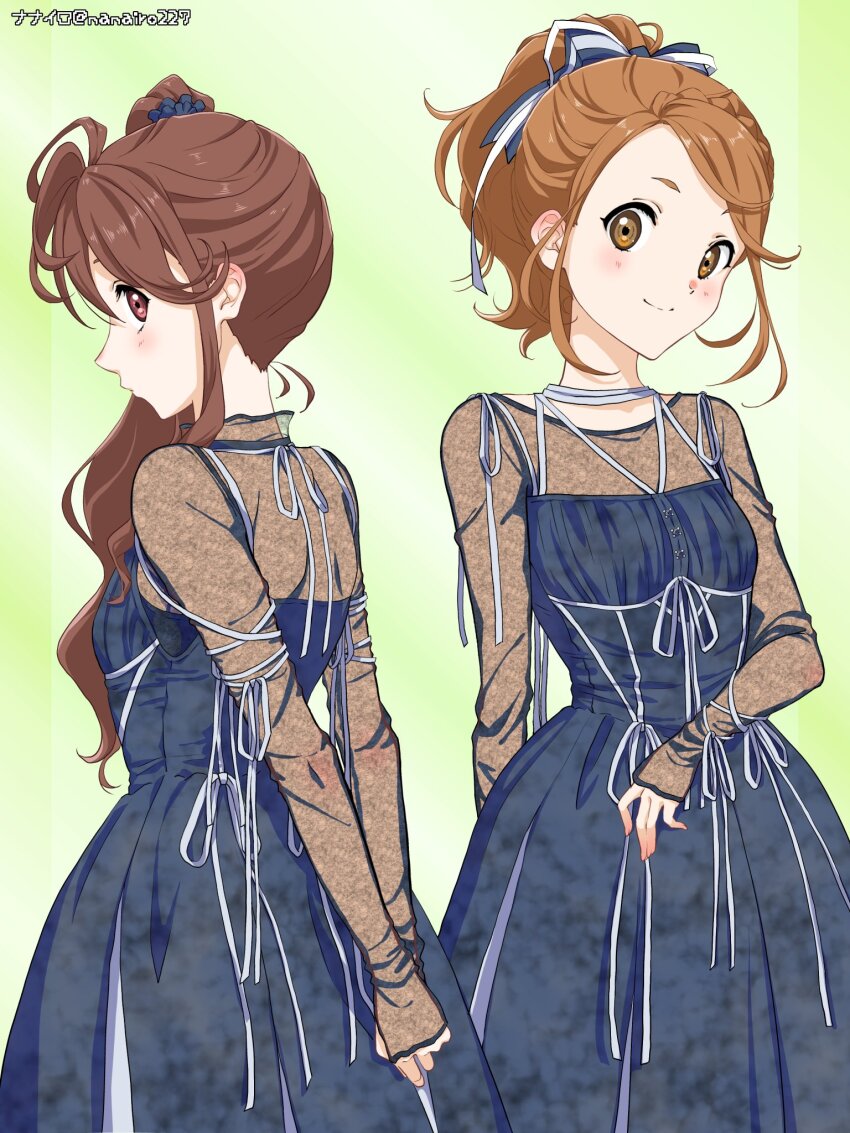 22/7 2girls arm_behind_back arms_behind_back artist_name ato_de_wakaru_koto black_dress blue_scrunchie blush brown_eyes brown_hair dress green_background hair_ornament hair_scrunchie high_ponytail high_side_ponytail highres kono_miyako long_sleeves looking_at_viewer multiple_girls nanairo_(nanairo227) ponytail ribbon scrunchie see-through_clothes see-through_dress smile toda_jun white_ribbon