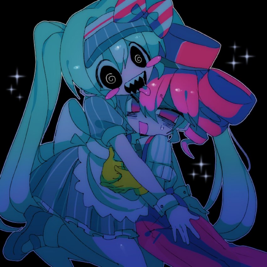 2girls @_@ aqua_hair bags_under_eyes black_background black_eyes black_mouth blue_dress blue_footwear blue_hat bow commentary crazy_eyes crazy_smile deliriumcenter dress gloves hair_between_eyes hair_intakes hat hat_bow highres hug kasane_teto looking_at_viewer mesmerizer_(vocaloid) multiple_girls open_mouth outline pants pink_eyes pink_hair pink_hat pink_pants pinstripe_dress pinstripe_hat pinstripe_pattern puffy_short_sleeves puffy_sleeves saliva sharp_teeth shirt short_sleeves sidelocks simple_background small_sweatdrop smile sparkle striped_bow striped_clothes striped_dress striped_headwear suspenders symbol-only_commentary teeth twintails utau vertical-striped_clothes vertical-striped_dress vertical-striped_headwear visor_cap vocaloid white_bow white_outline white_shirt yellow_gloves yuri