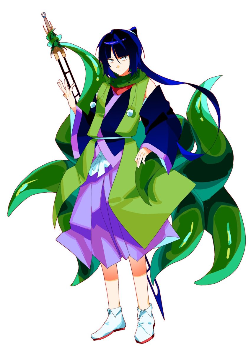 1other adagumo_no_yaorochi androgynous black_hair black_shirt black_sleeves closed_mouth detached_sleeves full_body green_scarf green_tail hakama hakama_skirt highres holding holding_sword holding_weapon holding_with_tail japanese_clothes len&#039;en multiple_tails ponytail prehensile_tail purple_skirt re1re133 scarf shirt shoes skirt solo standing sword tail tasouken weapon white_background white_eyes white_shoes