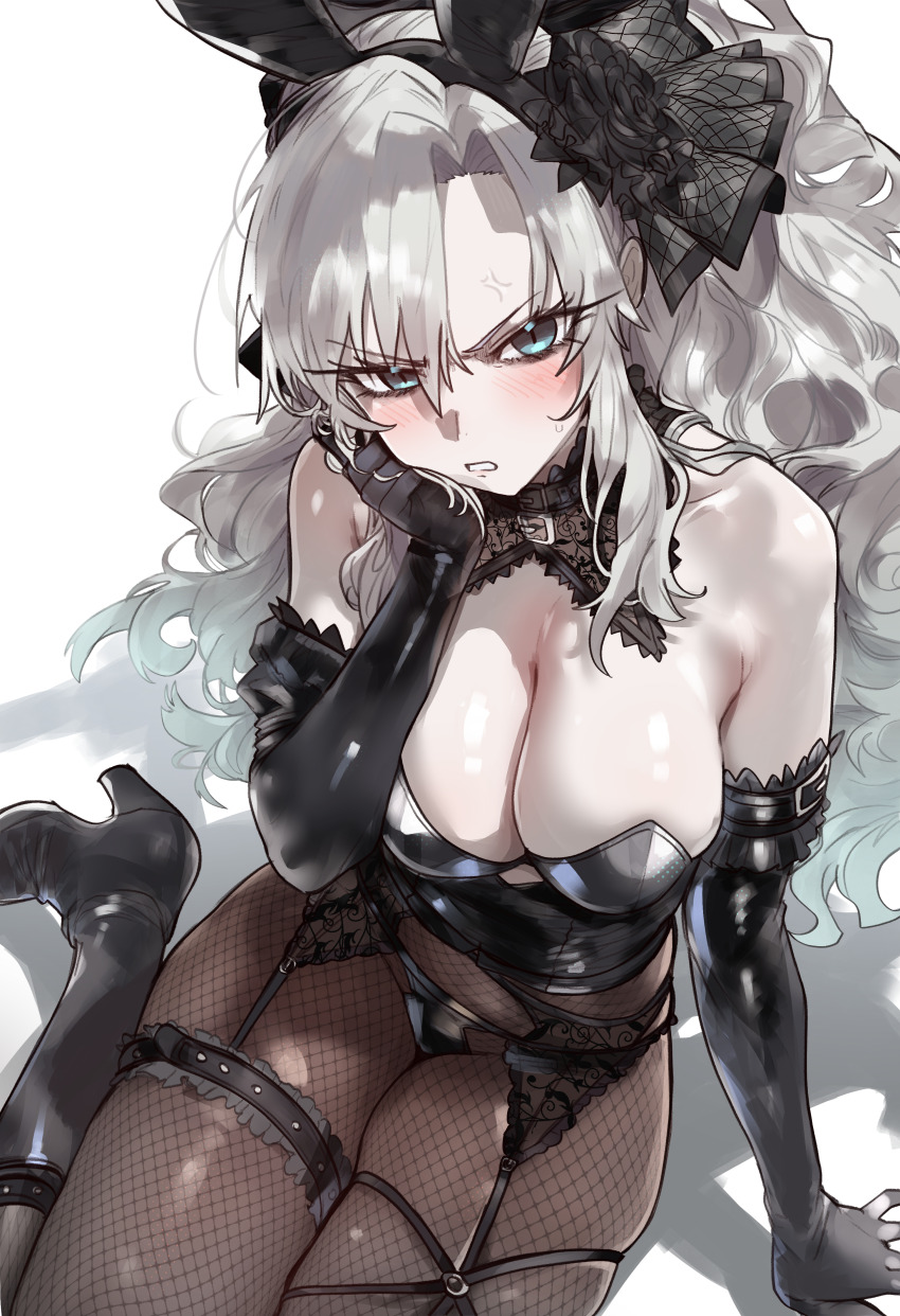 1girl absurdres alternate_costume anger_vein animal_ears aqua_hair arm_support bare_shoulders black_boots black_flower black_garter_belt black_gloves black_leotard black_rose blush boots breasts cleavage detached_collar ebora elbow_gloves eyelashes fake_animal_ears fate/grand_order fate_(series) fishnet_pantyhose fishnets flower frilled_thigh_strap from_above garter_belt gloves gradient_hair grey_eyes grey_hair hair_between_eyes hand_on_own_cheek hand_on_own_face high_heel_boots high_heels highres knee_boots kriemhild_(fate) lace-trimmed_collar lace_trim large_breasts leotard long_eyelashes long_hair looking_at_viewer multicolored_eyes multicolored_hair non-web_source o-ring pantyhose parted_lips playboy_bunny rabbit_ears rose simple_background skindentation solo sweat teeth thigh_strap two-tone_eyes veil