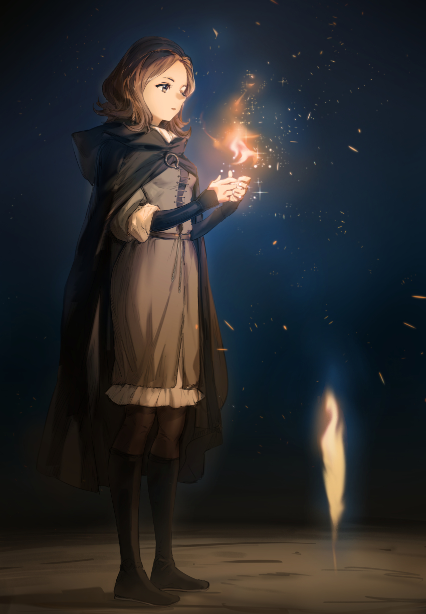 1girl absurdres ashorz black_cloak black_footwear brown_eyes brown_hair cloak elden_ring fire fire full_body highres hood hooded_cloak medium_hair melina_(elden_ring) night one-eyed site_of_grace solo standing