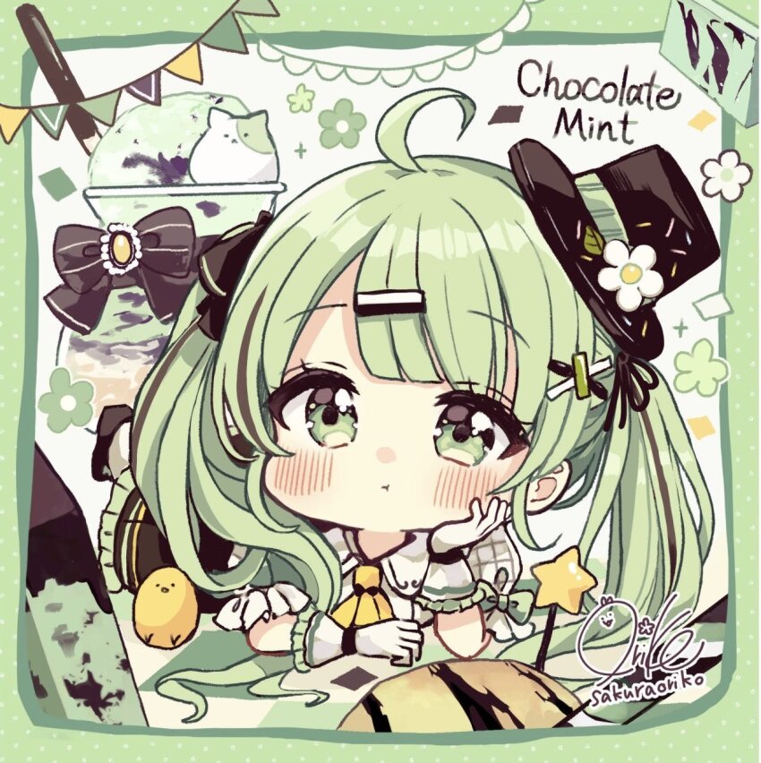 1girl :t ahoge black_bow black_hair black_hat black_shoes black_skirt blush border bow chibi closed_mouth collared_shirt commentary_request food frilled_gloves frilled_skirt frills gloves green_border green_eyes green_hair hair_ornament hairclip hat highres ice_cream long_hair looking_at_viewer lying mini_hat mint_chocolate multicolored_hair on_stomach original pantyhose pennant polka_dot polka_dot_border puffy_short_sleeves puffy_sleeves sakura_oriko shirt shoes short_sleeves signature skirt solo streaked_hair string_of_flags tilted_headwear twintails very_long_hair white_gloves white_pantyhose white_shirt