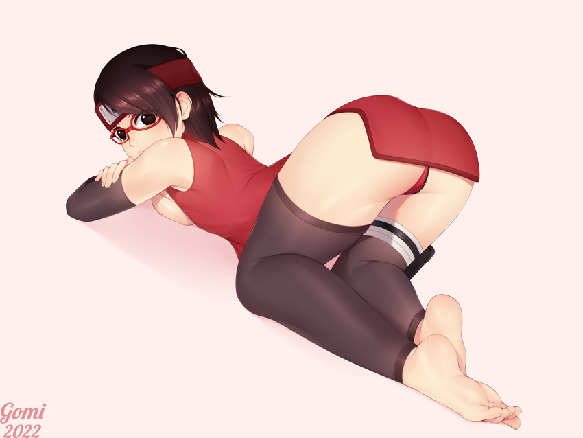 1girl artist_name ass ass_focus bare_shoulders black_eyes black_hair boruto:_naruto_next_generations boruto:_naruto_the_movie breasts detached_sleeves dress feet from_above from_behind glasses gomicake headband naruto_(series) panties pantyshot red-framed_eyewear red_dress red_headband red_panties short_hair sideboob sleeveless sleeveless_dress thighhighs toeless_legwear uchiha_sarada underwear