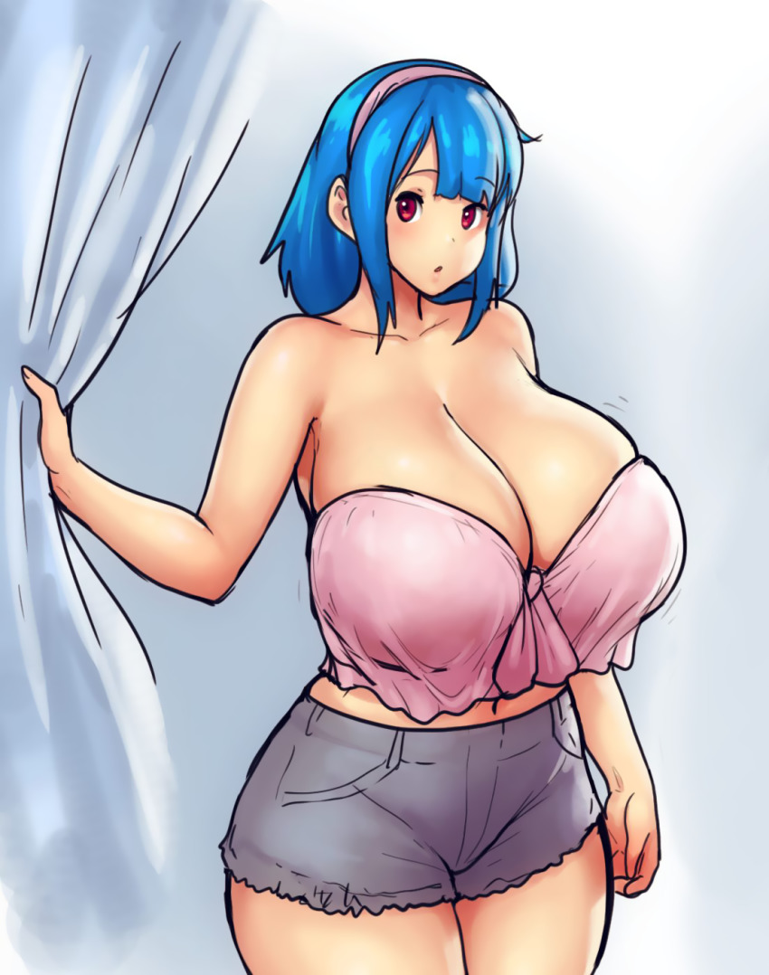 1girl :o bandeau bare_shoulders blue_hair breasts cleavage cropped_legs curtain_grab curtains curvy denim denim_shorts erkaz hairband headband highres huge_breasts looking_at_viewer medium_hair original pink_bandeau pink_headband red_eyes rina_atherina shorts solo standing thick_thighs thighs