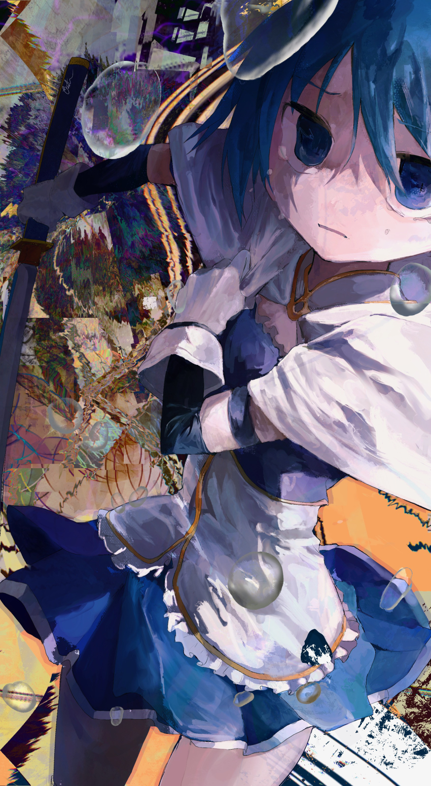 1girl abstract_background absurdres blue_eyes blue_hair blue_skirt cape crying gloves hair_between_eyes highres holding holding_sword holding_weapon looking_at_viewer magical_girl mahou_shoujo_madoka_magica miki_sayaka miki_sayaka_(magical_girl) parted_lips pinosan pleated_skirt short_hair skirt solo sword water_drop weapon white_cape white_gloves