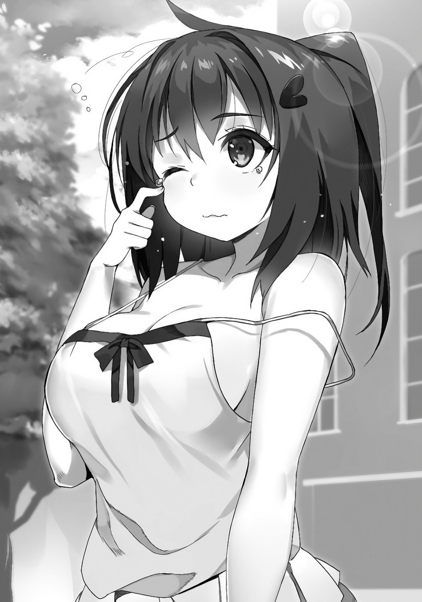 absurdres black_hair breasts buta_koushaku camisole cleavage high_ponytail highres large_breasts miniskirt nauribon non-web_source ponytail short_hair short_ponytail skirt solo tearing_up tears tina(buta_koushaku) wavy_mouth