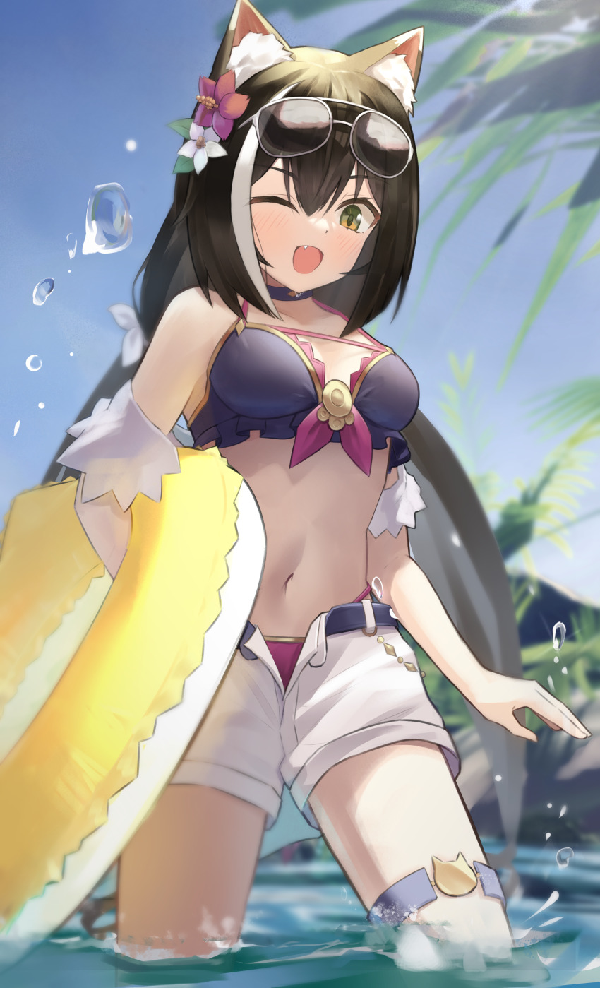 1girl ;d absurdres animal_ear_fluff animal_ears arm_at_side bare_shoulders bikini black_bikini black_choker black_hair blush breasts cat_ears cat_girl cat_thigh_strap choker commentary cowboy_shot day eyewear_on_head fang flower frilled_bikini frills green_eyes hair_between_eyes hair_flower hair_ornament halterneck happy highres holding holding_swim_ring innertube karyl_(princess_connect!) karyl_(summer)_(princess_connect!) long_hair looking_at_viewer low_twintails medium_breasts multicolored_hair navel onafuku one_eye_closed open_mouth outdoors pink_flower princess_connect! shorts sidelocks smile solo stomach streaked_hair sunglasses swim_ring swimsuit thigh_strap twintails very_long_hair wading water water_drop white_flower white_hair white_shorts yellow_innertube
