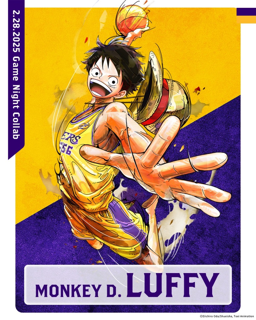 1boy artist_request ball basketball_(object) basketball_jersey basketball_uniform black_eyes black_hair character_name dated full_body hat highres jersey jumping logo los_angeles_lakers male_focus monkey_d._luffy national_basketball_association official_art one_piece open_mouth promotional_art sandals short_hair slam_dunk_(basketball) solo sportswear straw_hat two-tone_background very_short_hair