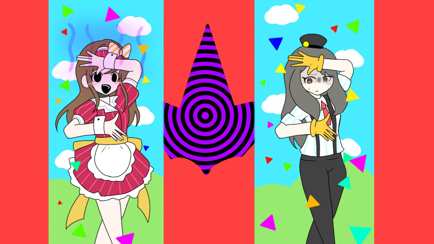 2girls dancing digimon digimon_rearise hat highres long_hair multiple_girls parody ribbon shinjo_michi shinkai_sara