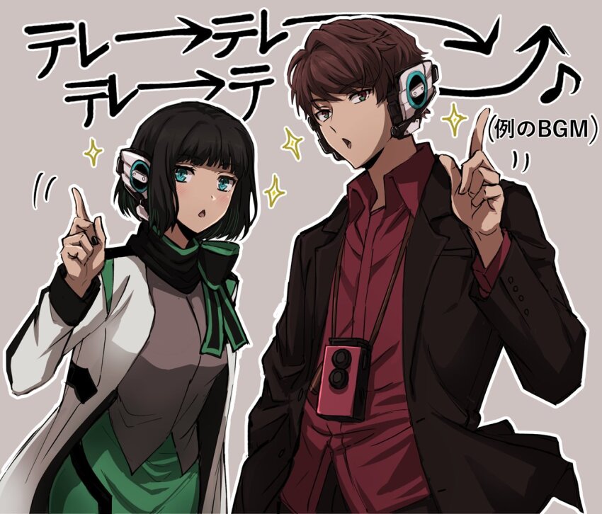 1boy 1girl :o alternate_universe android black_bow black_hair blazer blue_eyes bob_cut bow camera cowboy_shot green_eyes hand_up humagear_headphones index_finger_raised is_(kamen_rider_01) jacket kadoya_tsukasa kamen_rider kamen_rider:_reiwa_the_first_generation kamen_rider_01_(series) kamen_rider_dcd kamen_rider_zi-o_(series) looking_at_viewer mido_(byebyebye03) nail_polish open_mouth pantyhose robot_ears simple_background skirt sparkle translation_request