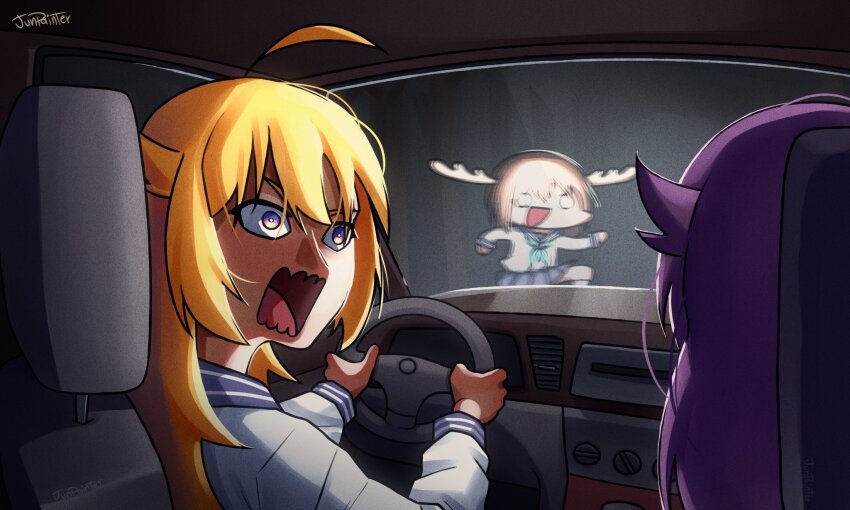 3girls ahoge artist_name black_hair blonde_hair blue_serafuku blue_skirt brown_hair car chibi commentary deer_girl driving english_commentary hair_flaps highres junpainter koshi_anko_(shikanoko) koshi_torako long_hair long_sleeves looking_at_another motor_vehicle multicolored_eyes multiple_girls night open_mouth pleated_skirt purple_eyes school_uniform serafuku shikanoko_noko shikanoko_nokonoko_koshitantan short_hair sidelocks signature skirt tongue tree two-tone_eyes white_eyes