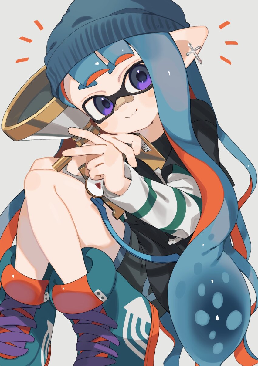 1girl aqua_shoes bandaid bandaid_on_face bandaid_on_nose beanie black_shirt black_shorts blue_hair blue_hat closed_mouth colored_inner_hair commentary_request cross cross_earrings earrings grey_background hat high_tops highres holding holding_weapon inkling inkling_girl inkling_player_character jewelry layered_sleeves long_hair long_sleeves looking_at_viewer multicolored_hair nintendo notice_lines orange_hair pointy_ears purple_eyes sabata_saba shirt shoes short_over_long_sleeves short_sleeves shorts simple_background smile sneakers solo splatoon_(series) sploosh-o-matic_(splatoon) t-shirt tentacle_hair two-tone_hair v wavy_hair weapon