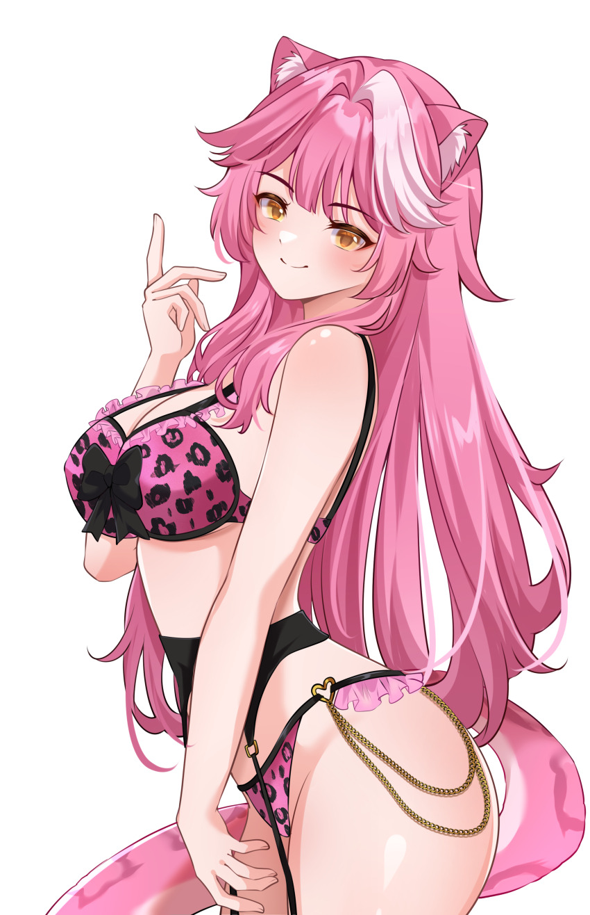 1girl absurdres animal_ear_fluff animal_ears animal_print black_garter_belt bra breasts cat_ears cat_tail cleavage closed_mouth cyanzan garter_belt hair_intakes highres hololive hololive_english large_breasts leopard_print lingerie long_hair looking_at_viewer panties pink_bra pink_hair pink_panties print_bra print_panties raora_panthera simple_background smile solo tail underwear underwear_only very_long_hair virtual_youtuber white_background yellow_eyes