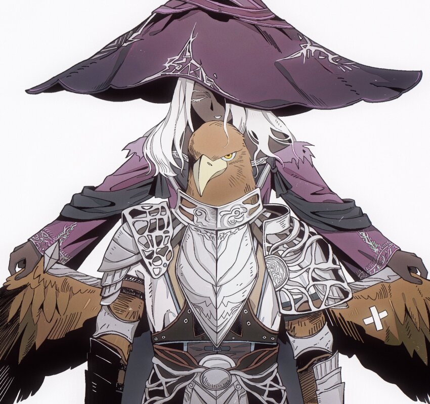 1boy 1girl animal_head armor beak belt bird_boy colored_eyelashes elden_ring elden_ring_nightreign feathered_wings guardian_(elden_ring) hat hat_over_eyes hat_over_one_eye highres large_hat one_eye_closed purple_hat purple_sleeves recluse_(elden_ring) smile sqqccca standing white_background white_eyelashes wings witch witch_hat yellow_eyes