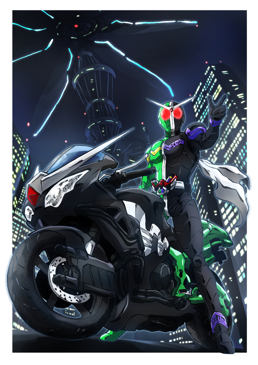 1boy armor belt bodysuit building city city_lights double_driver fuuto_tantei gaia_memory highres kamen_rider kamen_rider_double kamen_rider_w male_focus motor_vehicle motorcycle multiple_boys on_motorcycle outdoors red_eyes rider_belt riding scarf skyscraper solo taiga_hiroyuki tokusatsu