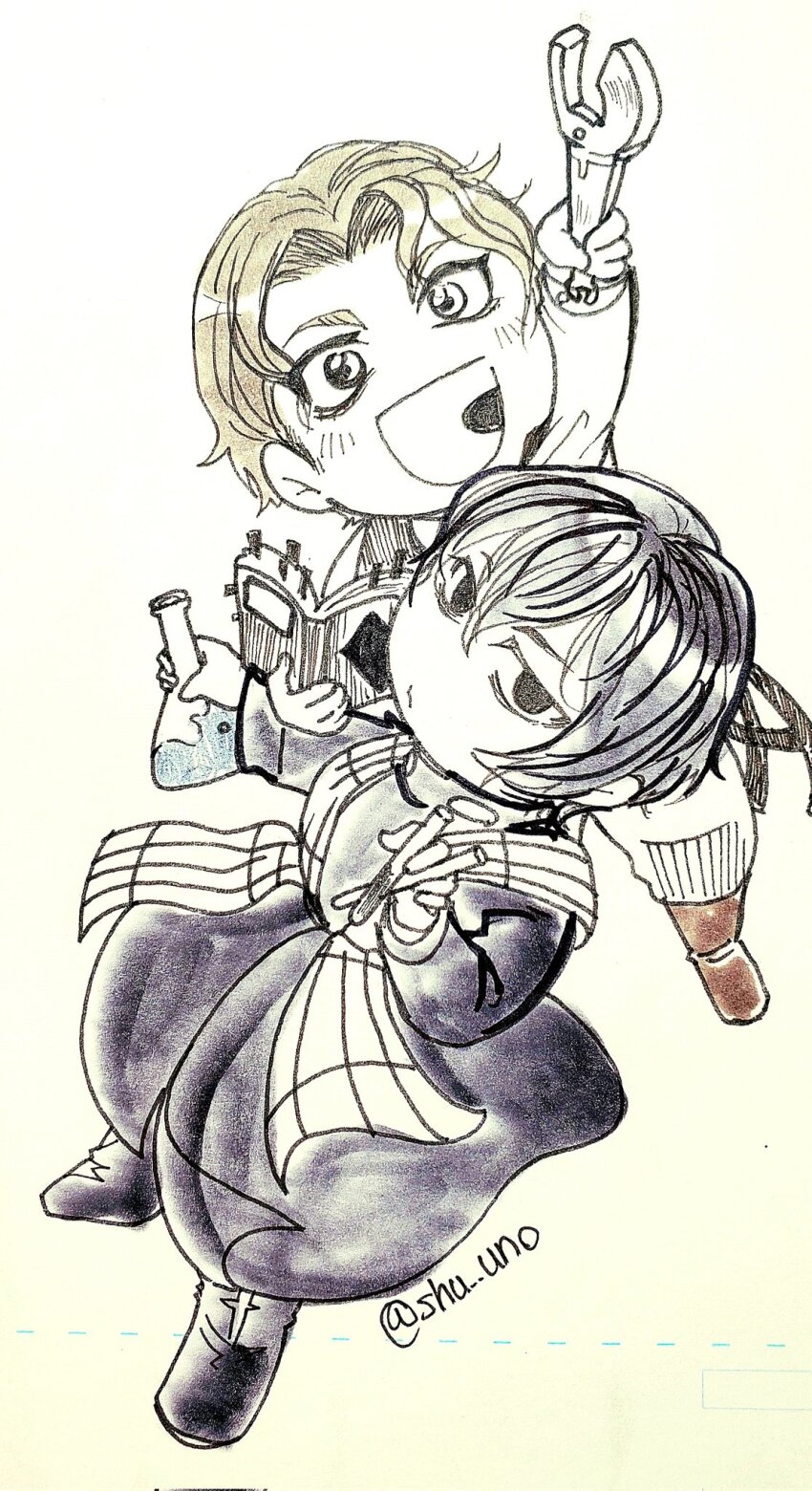 2boys beelzebub_(shuumatsu_no_valkyrie) black_eyes black_footwear black_hair black_jacket black_robe book boots brown_hair closed_mouth cloth collared_shirt curly_hair expressionless flask formal_clothes half-closed_eyes high_collar highres holding holding_book holding_flask holding_wrench jacket jitome light_blush looking_at_viewer looking_up male_focus messy_hair multiple_boys nikola_tesla_(shuumatsu_no_valkyrie) robe sash shirt short_hair shuumatsu_no_valkyrie two-sided_fabric white_jacket white_shirt wrench yaoi