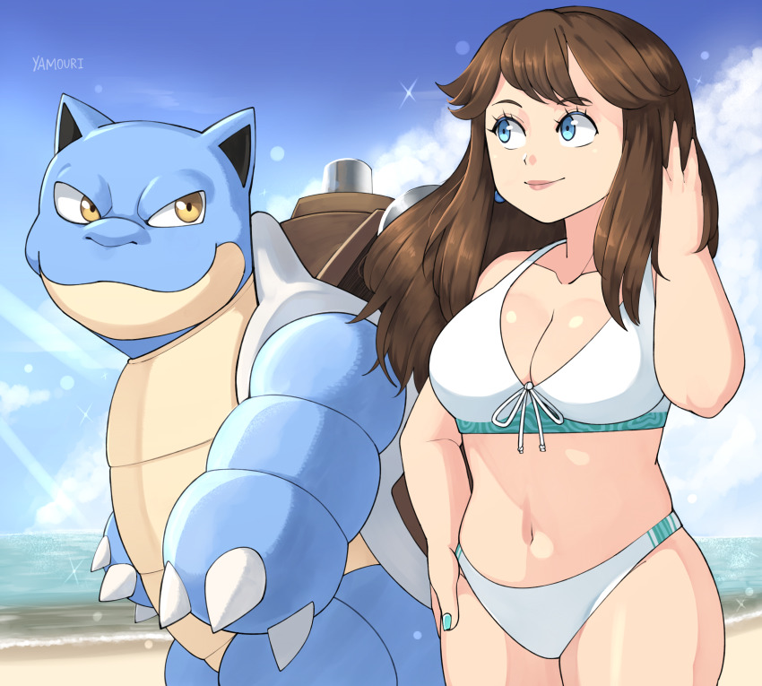 1girl absurdres beach bikini blastoise blue_eyes blue_sky breasts brown_hair cleavage cloud creatures_(company) game_freak gen_1_pokemon green_(pokemon) highres large_breasts lipstick long_hair makeup nintendo pokemon pokemon_(creature) pokemon_adventures sky swimsuit water white_bikini yamouri