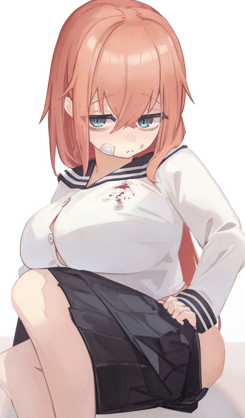 1girl absurdres bags_under_eyes bandaid black_skirt blood blood_on_clothes blood_on_face blue_eyes breasts closed_mouth crossed_bangs hair_between_eyes highres jun_daniell large_breasts long_sleeves looking_at_viewer michinoku_komaro nosebleed oppai_loli pink_hair pleated_skirt sailor_collar school_uniform seitokai_ni_mo_ana_wa_aru! serafuku shirt shirt_overhang skirt solo white_background white_serafuku white_shirt