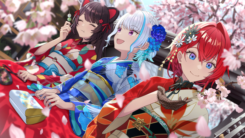3girls :d absurdres ange_katrina ange_katrina_(new_year) animal_ears animal_print bag bird_print blue_eyes blue_hair blurry braid brown_hair cherry_blossoms closed_eyes closed_mouth dango dappled_sunlight depth_of_field dicotyle_dons dog_ears eating falling_petals floral_print floral_print_kimono flower food gloves hair_flower hair_intakes hair_ornament handbag highres holding holding_bag inui_toko inui_toko_(4th_costume) japanese_clothes kimono lace lace_gloves light_blush lize_helesta lize_helesta_(6th_costume) long_hair multicolored_hair multiple_girls nijisanji obi open_mouth petals print_kimono purple_eyes red_hair red_nails sanbaka_(nijisanji) sanshoku_dango sash short_hair sitting smile streaked_hair sunlight virtual_youtuber wagashi white_hair