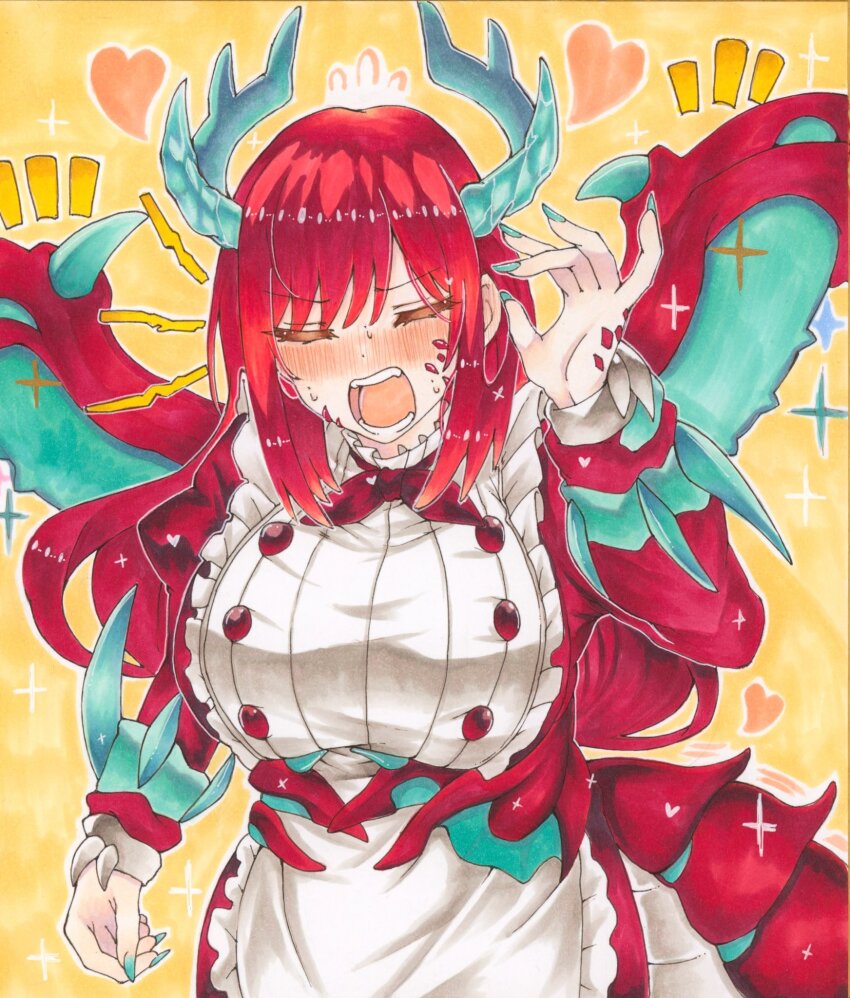 1girl blush breasts closed_eyes cowboy_shot dragon_girl dragon_horns dragon_tail dress duel_monster green_nails green_wings highres horns ichinose_haruka kitchen_dragonmaid large_breasts maid maid_headdress nail_polish red_dress red_hair red_wings simple_background solo tail wings yellow_background yu-gi-oh!