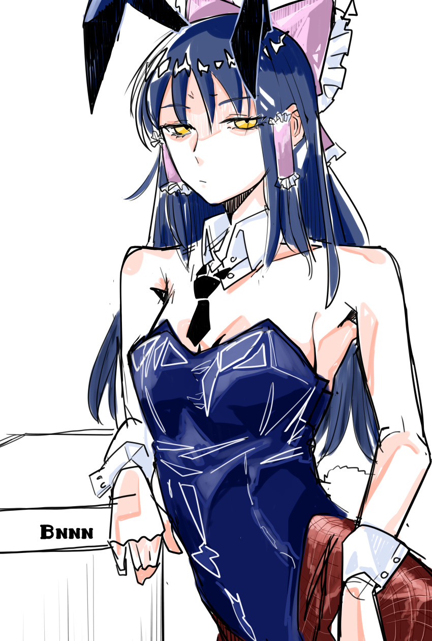1girl absurdres alternate_costume animal_ears black_hair black_leotard black_necktie bow breasts brown_pantyhose cleavage closed_mouth commentary cookie_(touhou) cowboy_shot detached_collar expressionless fake_animal_ears fake_tail fishnet_pantyhose fishnets frilled_bow frilled_hair_tubes frills hair_tubes hakurei_reimu highres leotard long_hair looking_at_viewer medium_breasts necktie nukazuke_(nukanukadukeduk) pantyhose pink_bow playboy_bunny rabbit_ears rabbit_tail red_bow sananana_(cookie) shaded_face short_necktie sidelocks simple_background solo strapless strapless_leotard tail touhou white_background wrist_cuffs yellow_eyes