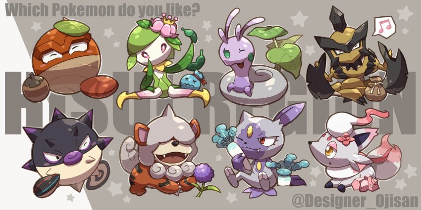 :d :o ;3 artist_name bag beamed_eighth_notes blush blush_stickers closed_eyes closed_mouth commentary designer_ojisan english_text eyelashes fangs fangs_out flower forehead_jewel green_eyes grey_background hand_up highres hisuian_growlithe hisuian_lilligant hisuian_qwilfish hisuian_sliggoo hisuian_sneasel hisuian_voltorb hisuian_zorua kleavor leaf looking_at_another looking_at_viewer musical_note nintendo no_humans one_eye_closed open_mouth pink_eyes pink_flower plant pokemon pokemon_(creature) pouch purple_flower red_eyes simple_background sitting smile snail_shell speech_bubble spoken_musical_note star_(symbol) tongue twitter_username white_background yellow_eyes