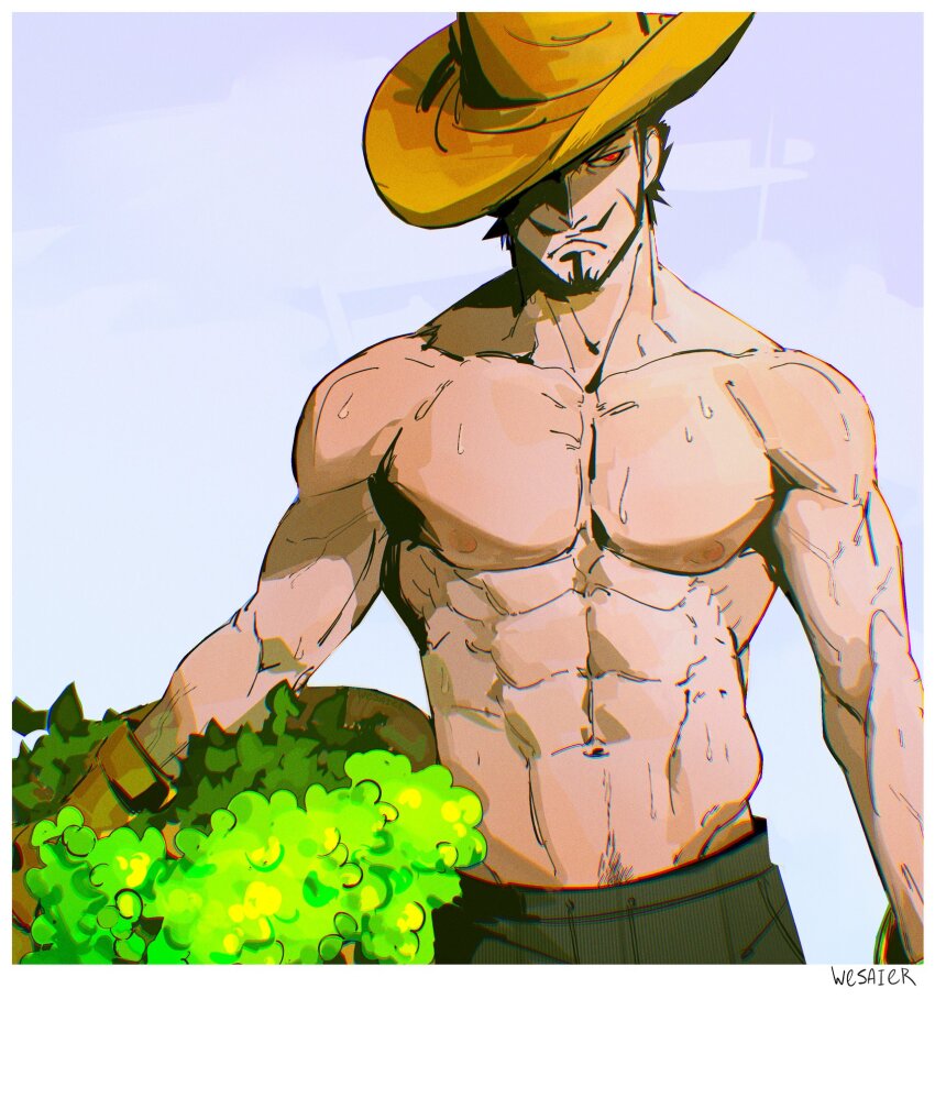 1boy abs artist_name beard_stubble black_hair commentary dracule_mihawk english_commentary facial_hair hat highres holding looking_to_the_side male_focus one_piece pubic_hair red_eyes shorts solo stubble topless_male wesaier